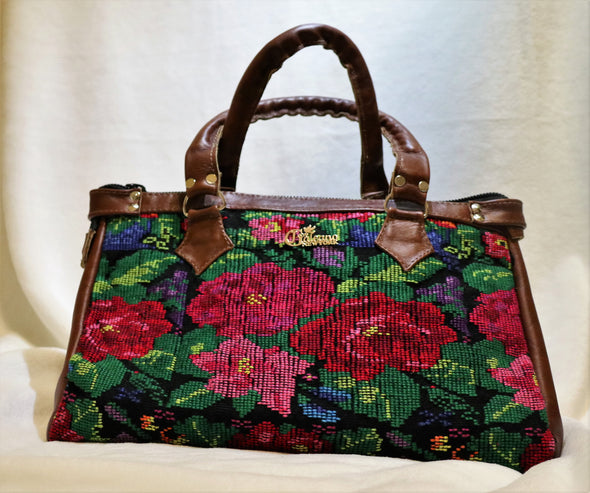 floral cultural handmade artesan leather handbag -cultural fabric leather handbag