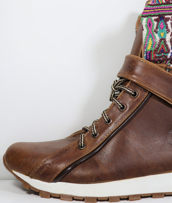 men's  sport boots -handmade brown  leather boot with cultural textile