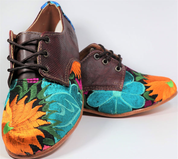 Orange-light blue floral ladies shoes -Artisan shoes- artisan leather -Handmade artisan.03
