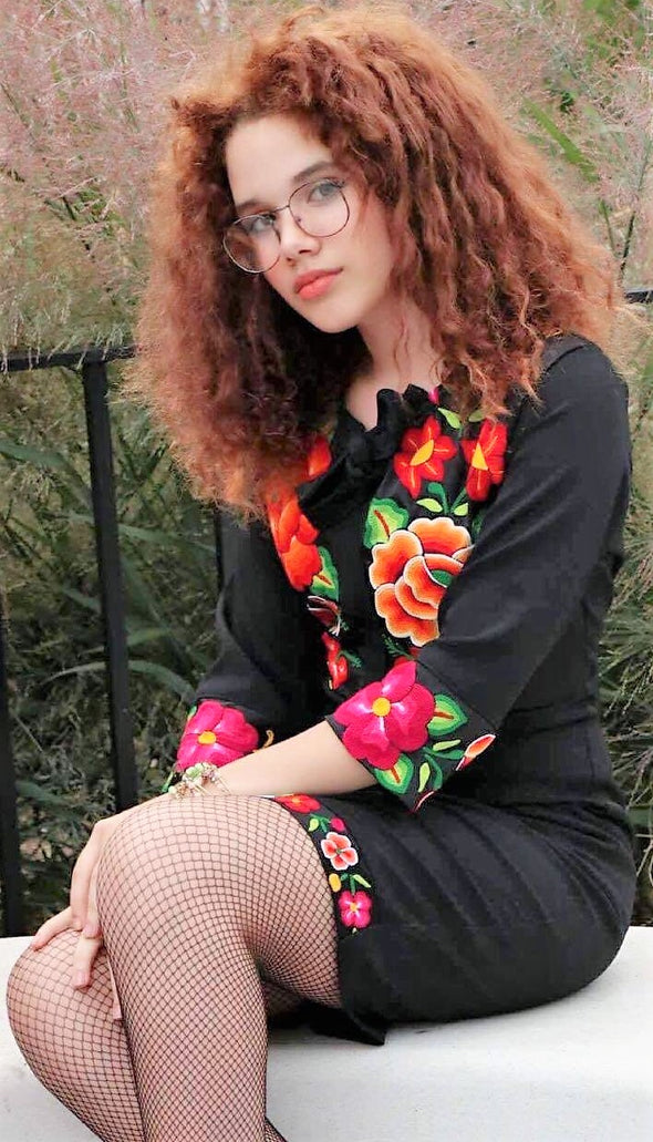 Black embroidered dress-Handmade embroidery
