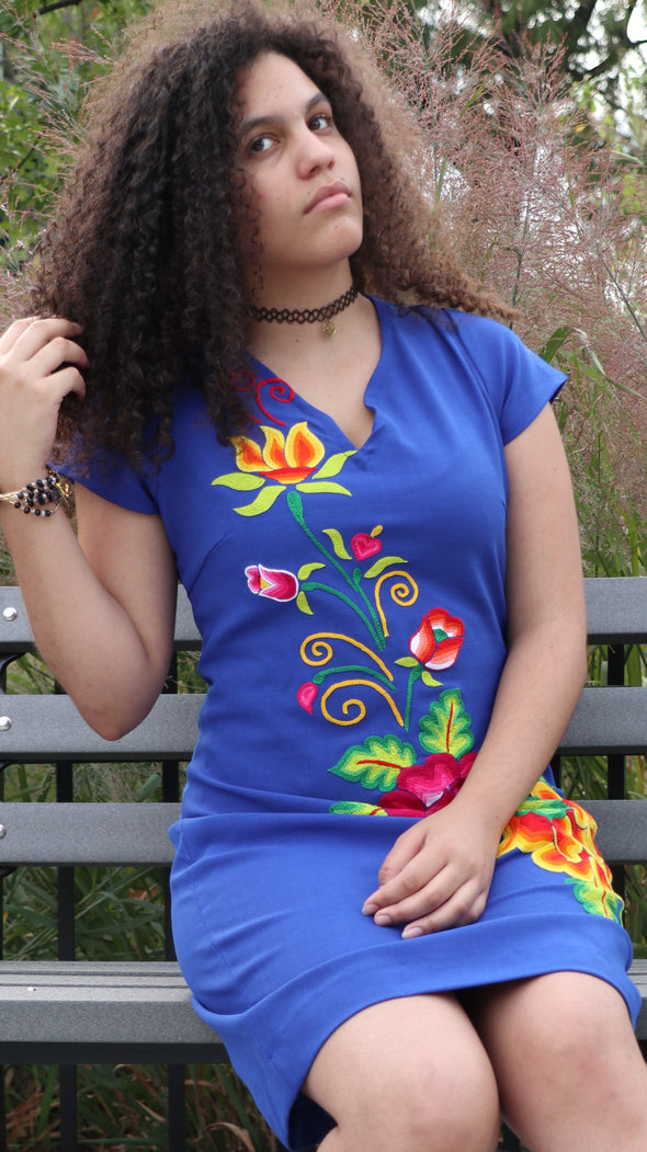 Blue embroidered dress-Handmade embroidery