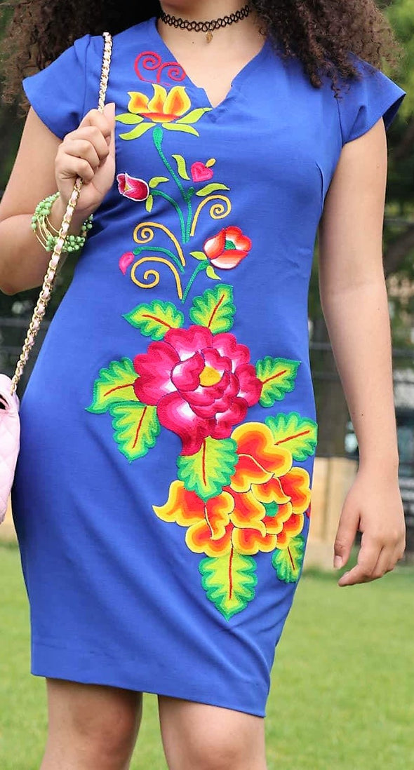 Blue embroidered dress-Handmade embroidery
