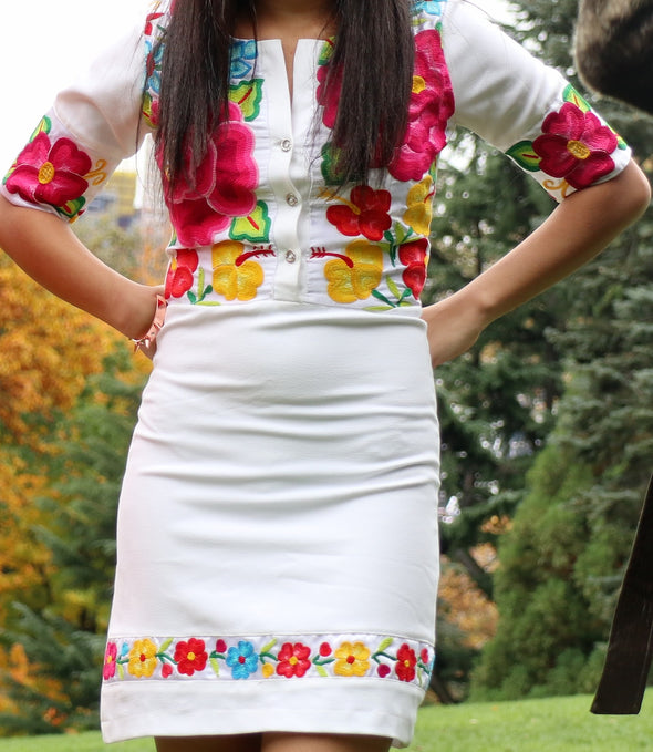 white embroidered floral dress-Handmade embroidery
