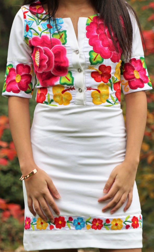 white embroidered floral dress-Handmade embroidery